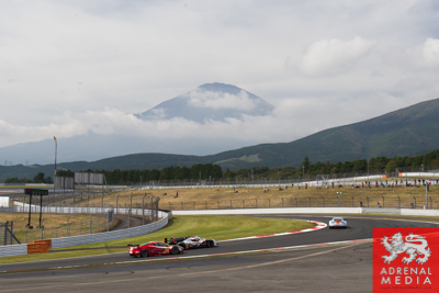 Bret Curtis (USA) / Jeroen Bleekemolen (NLD) / Mike Skeen (USA) / drivers of car #61 LMGTE AM AF Corse (ITA) Ferrari F458 Italia Free Practice 1 with Mount Fuji background at Fuji Speedway - Shizuoka Prefecture - Japan