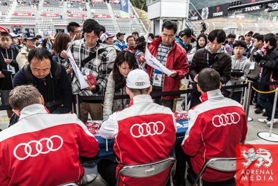 Lucas Di Grassi (BRA) / Loic Duval (FRA) / Tom Kristensen (DNK) / drivers of car #1 LMP1 Audi Sport Team Joest (DEU) Audi R18 e-tron quattro Autograph session for the fans to meet the drivers at Fuji Speedway - Shizuoka Prefecture - Japan