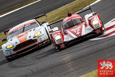 Kristian Poulsen (DNK) / David Heinemeir Hansson (DNK) / drivers of car #95 LMGTE AM Aston Martin Racing (GBR) Aston Martin Vantage V8 battles with Nicolas Prost (FRA) / Nick Heidfeld (DEU) / Mathias Beche (CHE) drouchut (FRA) / drivers of car #12 LMP1 Re