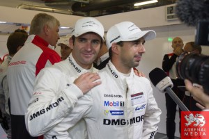 Romain Dumas9 FRA) and Neel Jani (CHE) celebrate achieving pole (Romain Dumas (FRA) / Neel Jani (CHE) / Marc Lieb (DEU) / Car #14 LMP1 Porsche Team (DEU) Porsche 919 Hybrid Qualifying - LMP1 & LMP2 - 6 Hours of Shanghai at Shanghai International Circuit -